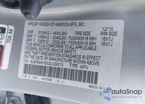 2016 Honda Cr-V Touring from USA, damaged, VIN 5J6RM4H93GL024219